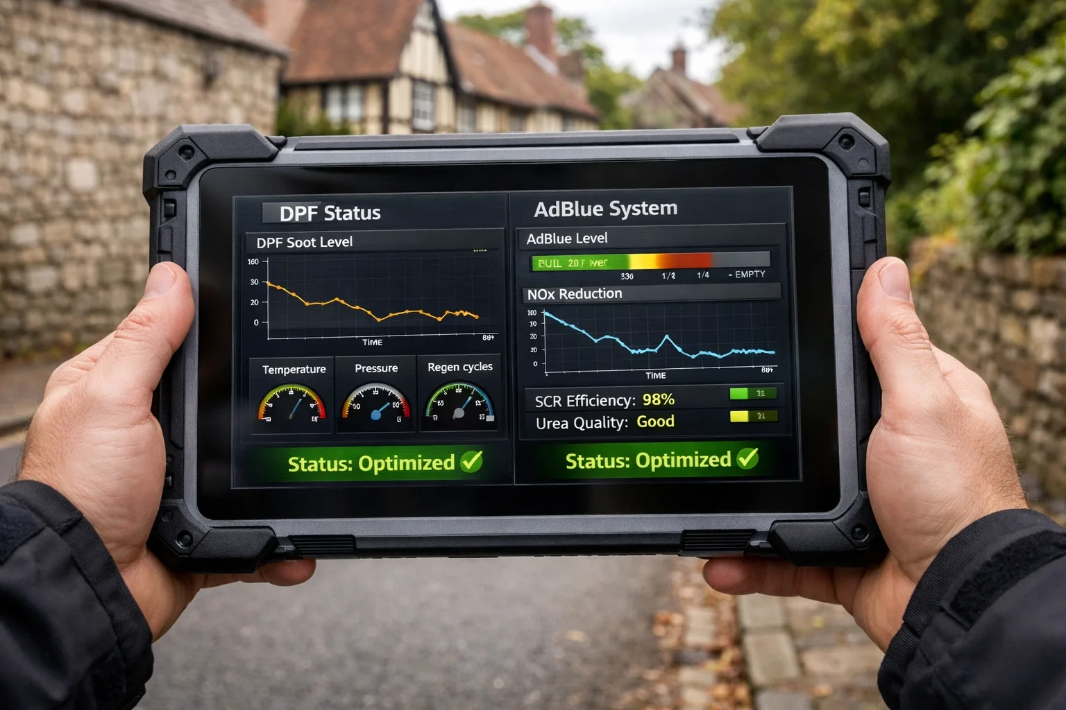 Mobile technician in Maidstone checking DPF and AdBlue software health on a diagnostic tablet.