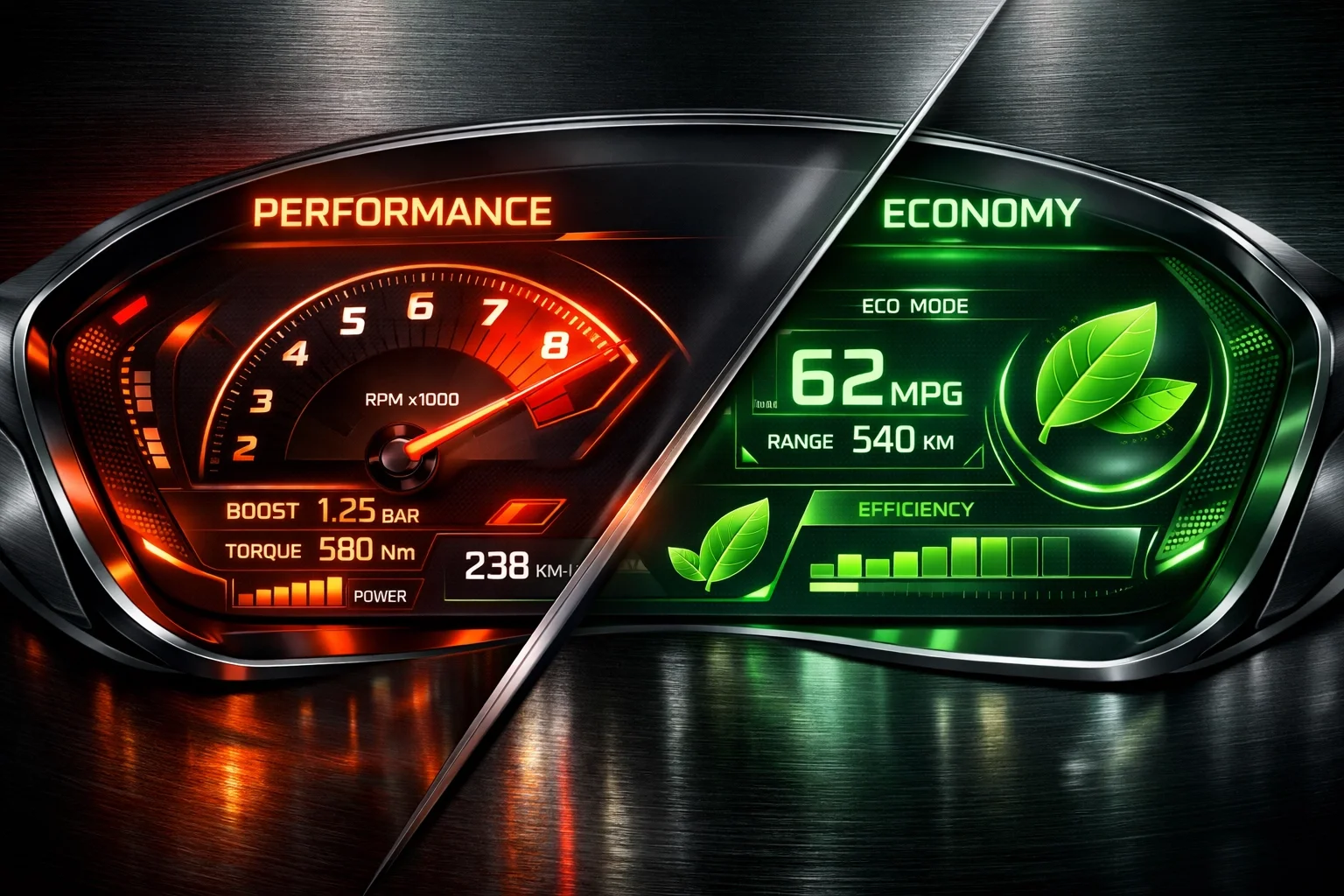 Digital car dashboard highlighting the balance between engine performance and fuel economy.