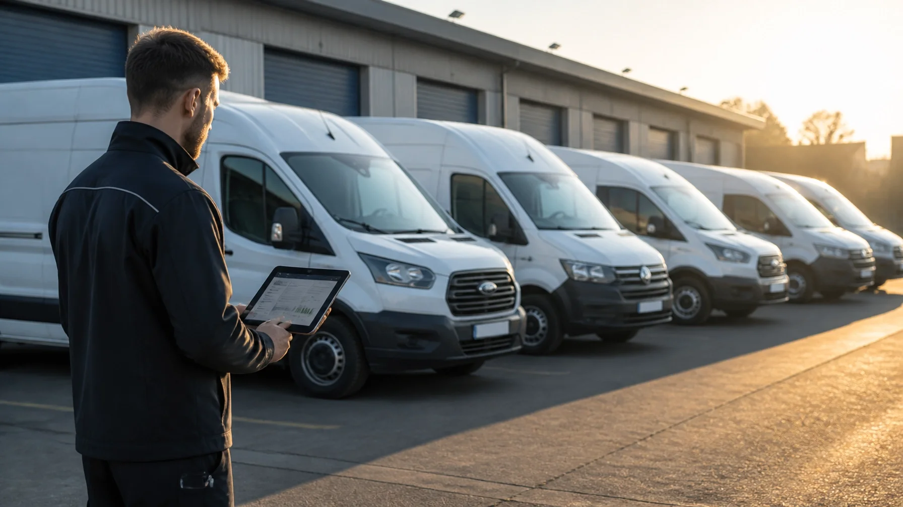 A fleet of modern delivery vans representing the potential for large-scale fuel savings through professional economy tuning in the ME8 area.