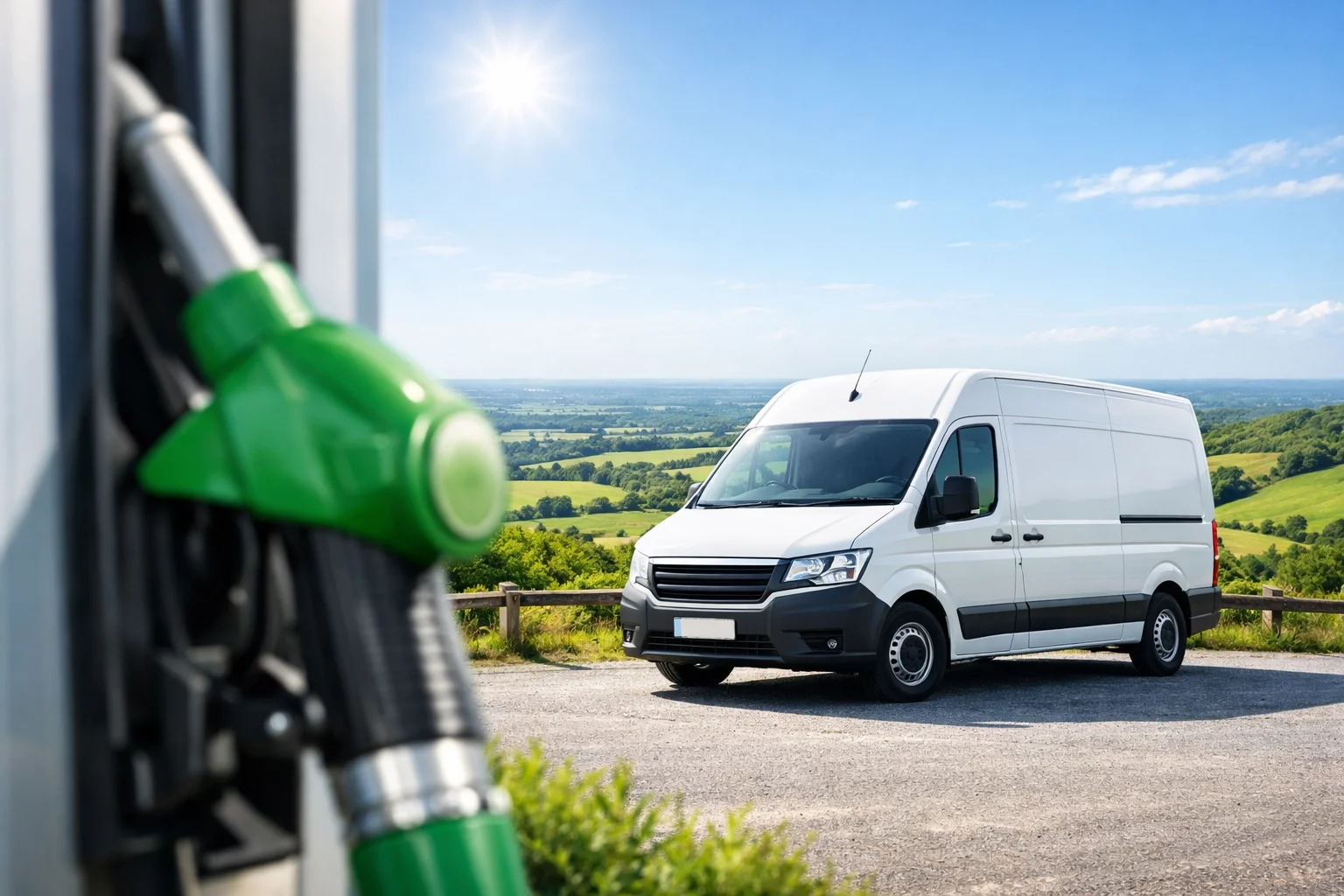 White delivery van driving through Kent Downs illustrating fuel economy tuning and increased MPG for fleets.