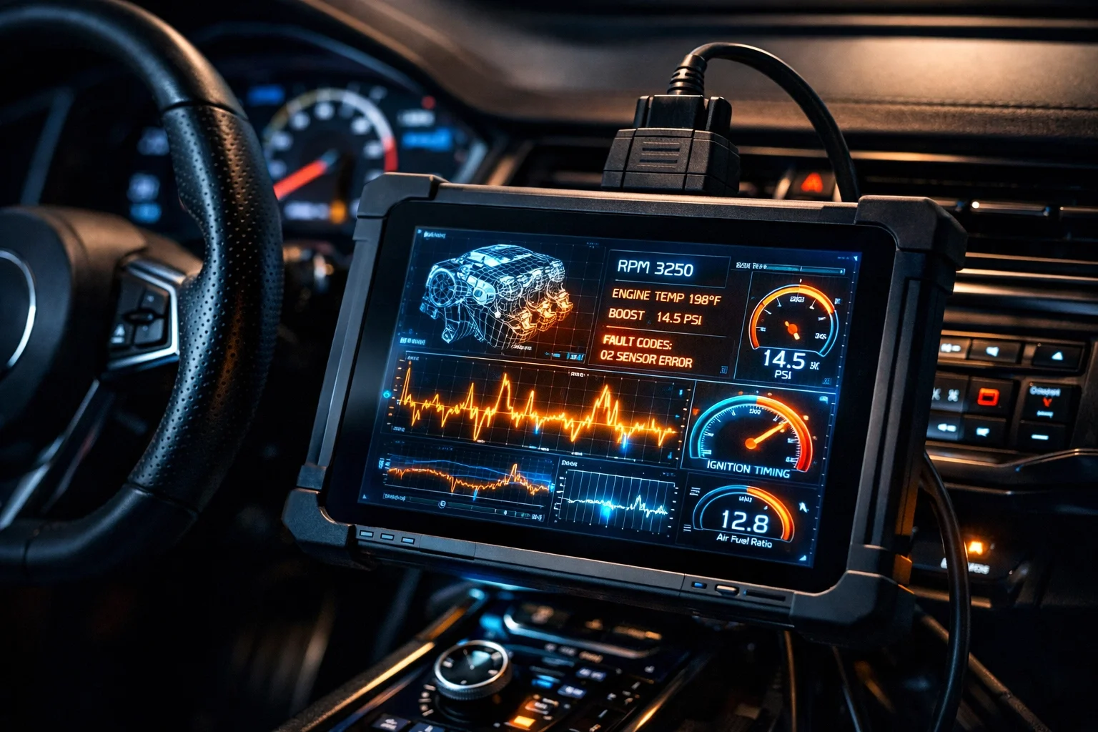 Vehicle diagnostics and engine telemetry data on a laptop screen during a mobile remap in Gravesend.