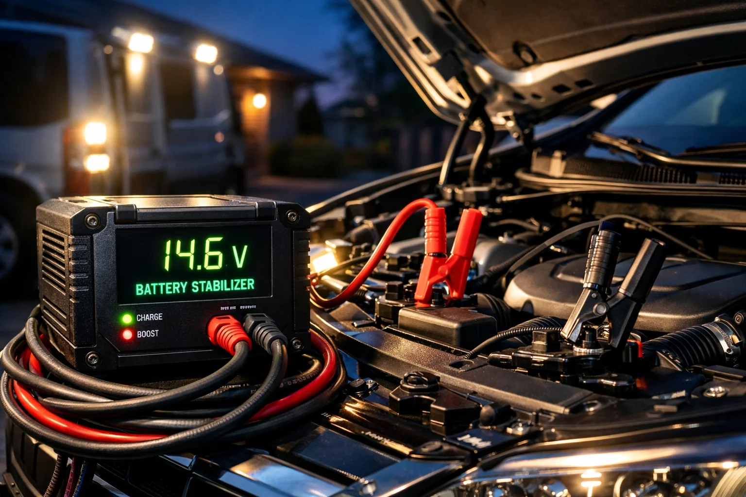 Industrial-grade battery stabilization unit used by Kent Eco Tuning to ensure safe voltage levels during mobile ECU remapping.