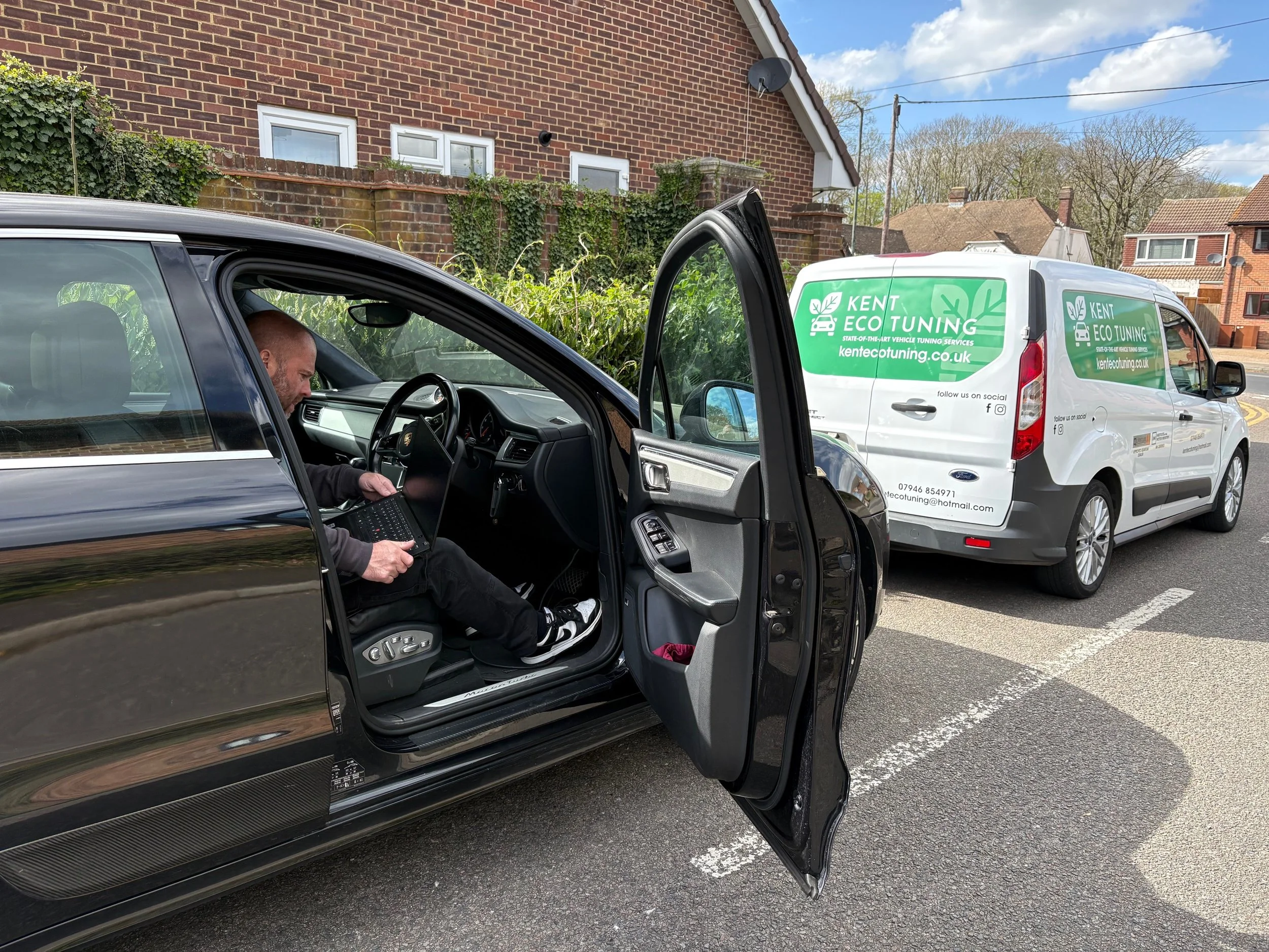 Side view of the Kent Eco Tuning specialist van showing mobile service contact details for ECU remapping in Faversham.