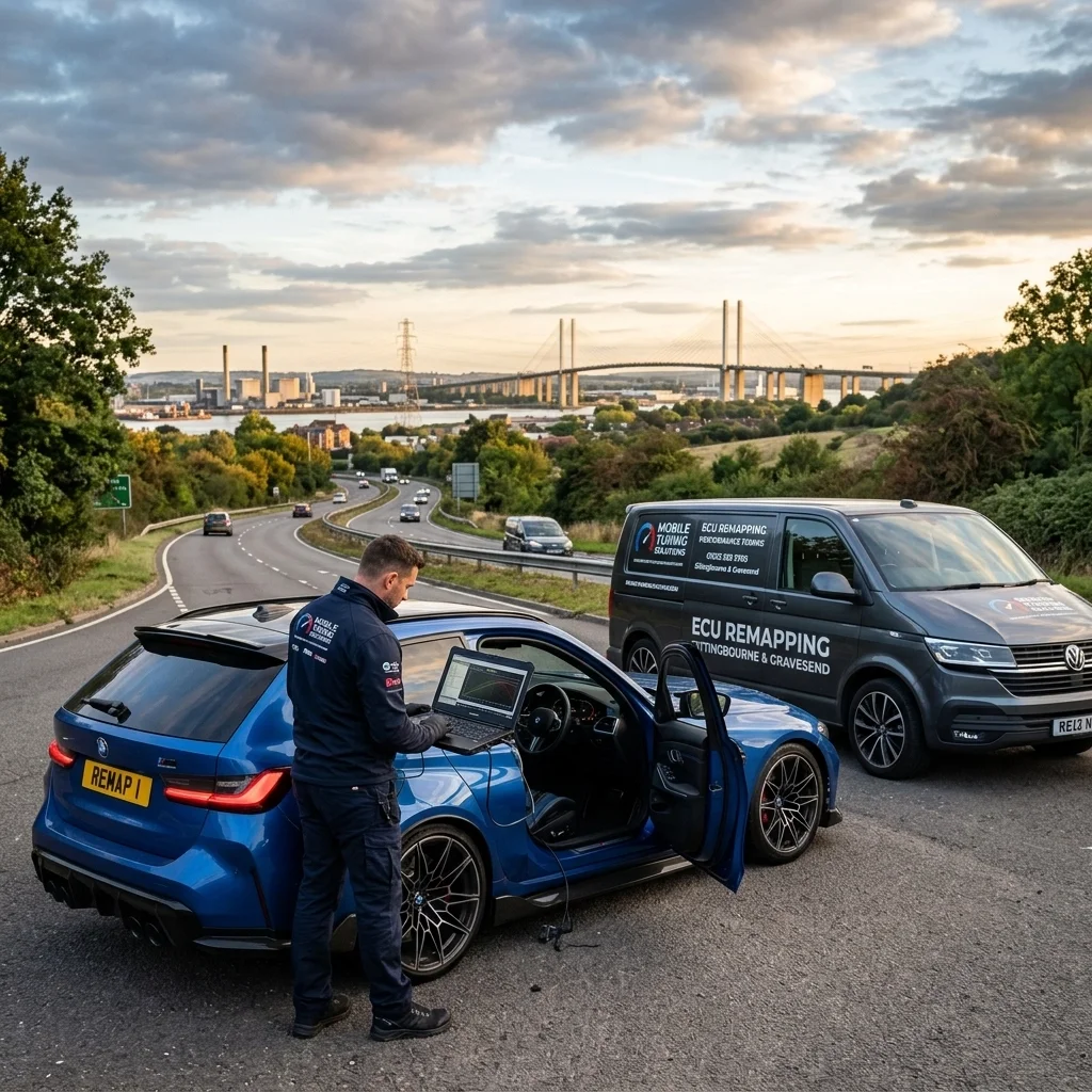 Mobile ECU remapping service in Sittingbourne and Gravesend - Kent Eco Tuning technician working on a car.