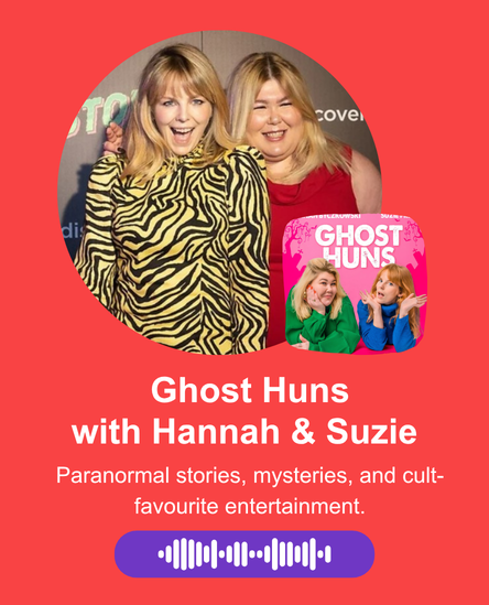 On red background with copy ' Ghost Huns with Hannah and Suzie - Paranormal stories, mysteries, and cult-favourite entertainment.