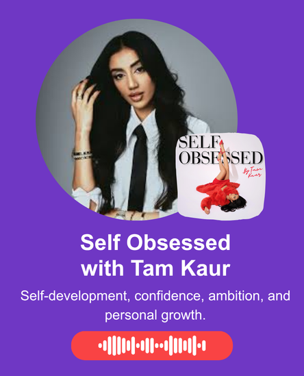 On purple background with 2 images of the host with copy 'self development, confidence, ambition, and personal growth'.