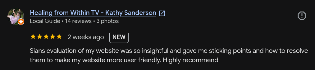 Review for 'Healing from Within TV' by Kathy Sanderson, with 5-star rating, positive feedback about website copy evaluation, two weeks ago.