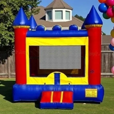 Colorful inflatable bounce house shaped like a castle with blue turrets, red and yellow walls, and a jump entrance. It is set up outdoors on a grassy lawn with a house and trees in the background.