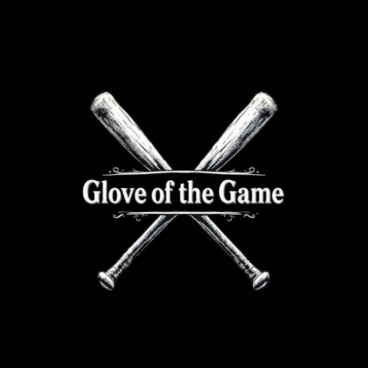 Two crossed baseball bats with the phrase "Glove of the Game" in the center, all on a black background.