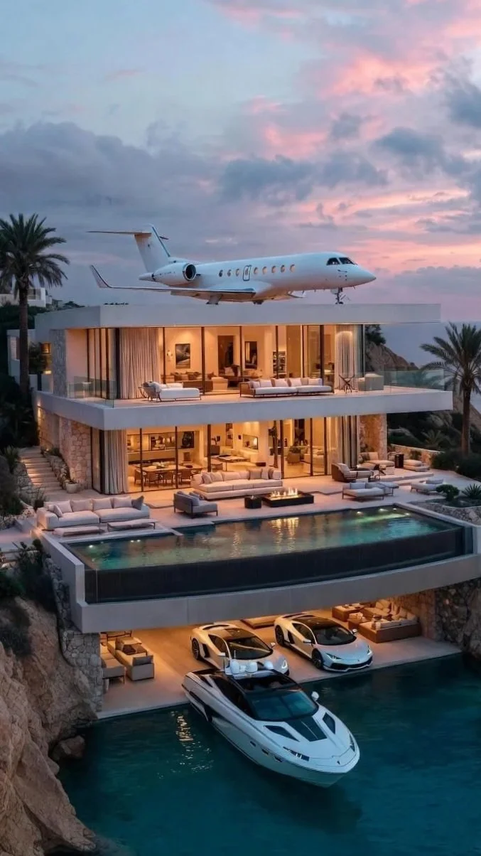 Une maison moderne de plusieurs étages avec une piscine sur le premier étage et plusieurs voitures de luxe dans le garage souterrain. Un avion privé est stationné sur le toit, le tout dans un cadre côtier au coucher du soleil.