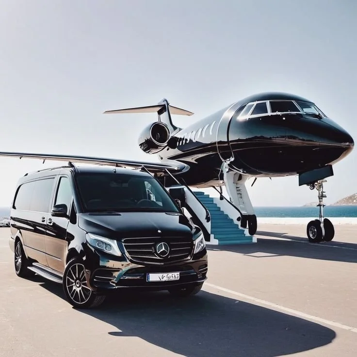 Une limousine noire et un jet privé noir stationnés sur une piste à la plage.