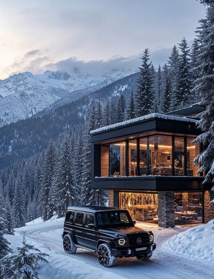 Une maison moderne en bois avec de grandes fenêtres, située dans une forêt enneigée au pied de montagnes enneigées, avec un véhicule noir Mercedes-Benz G-Class garé devant.