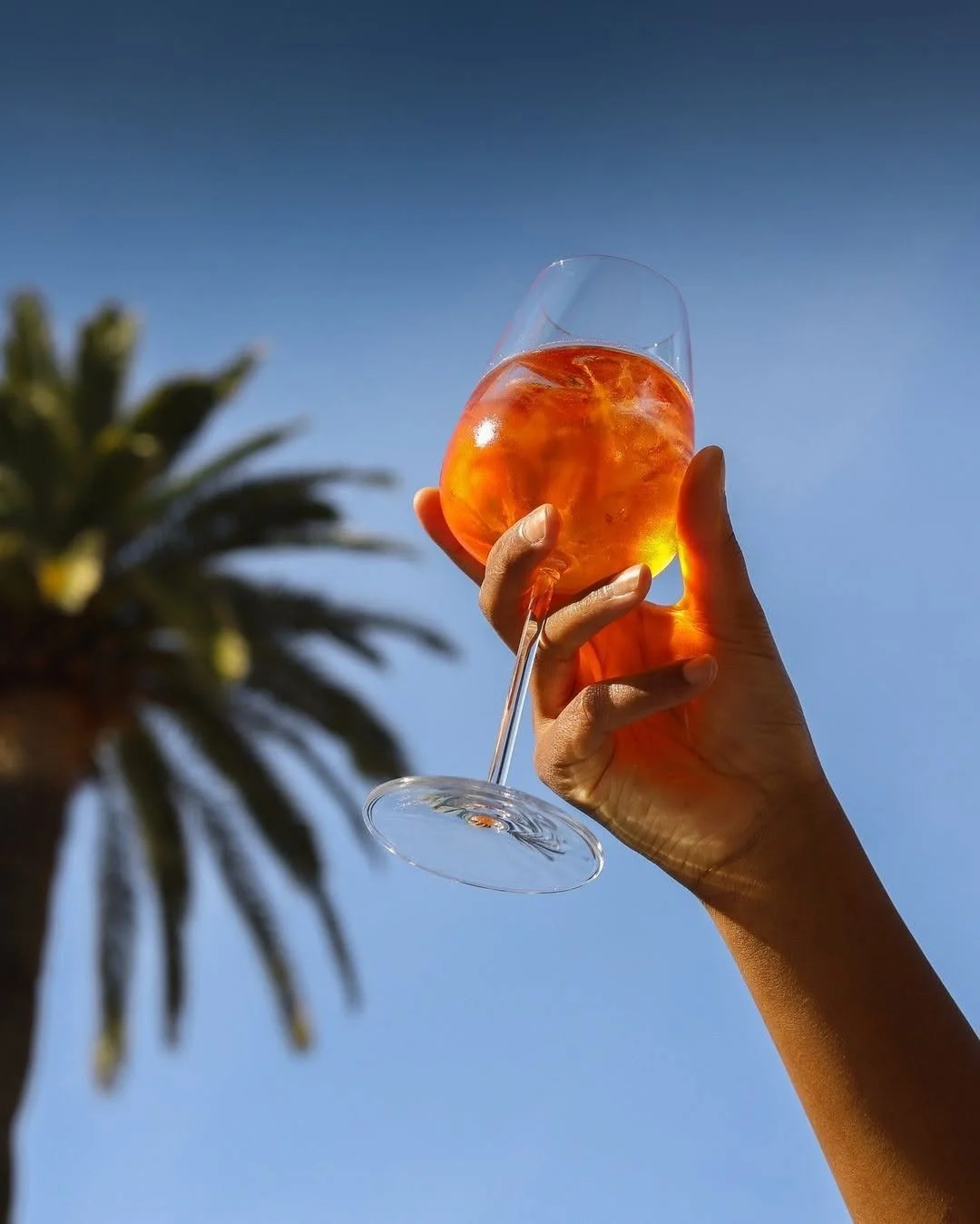 Main tenant un verre de vin rosé lumineux contre le ciel bleu avec un palmier flou en arrière-plan.