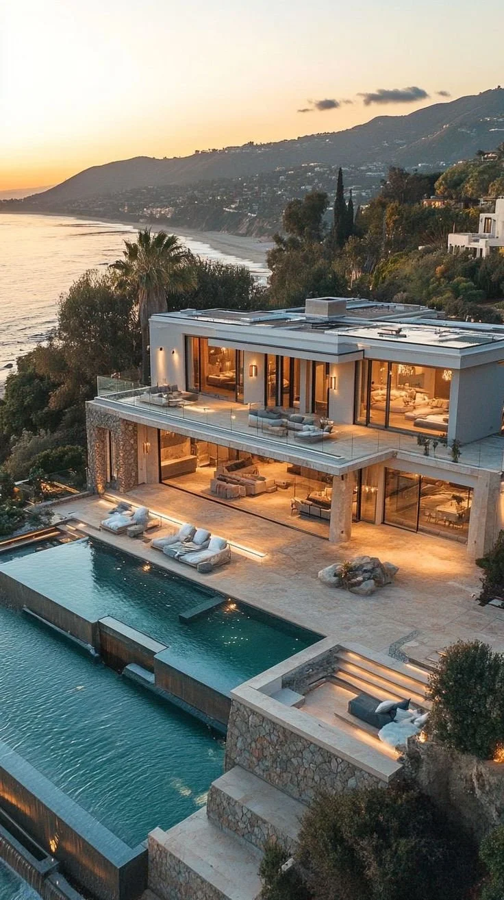 Vue d'une maison moderne avec piscine, située en hauteur avec vue sur la côte et la mer au coucher du soleil, entourée de végétation.