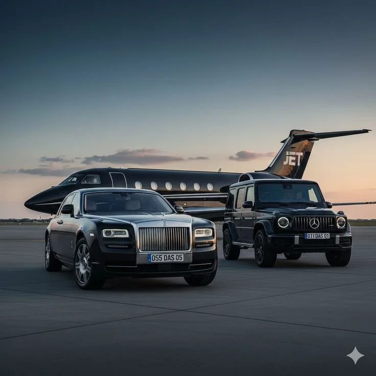 Une voiture de luxe noire, un SUV Mercedes-Benz, et un jet privé noir stationnés sur un tarmac à l'aube ou au crépuscule.