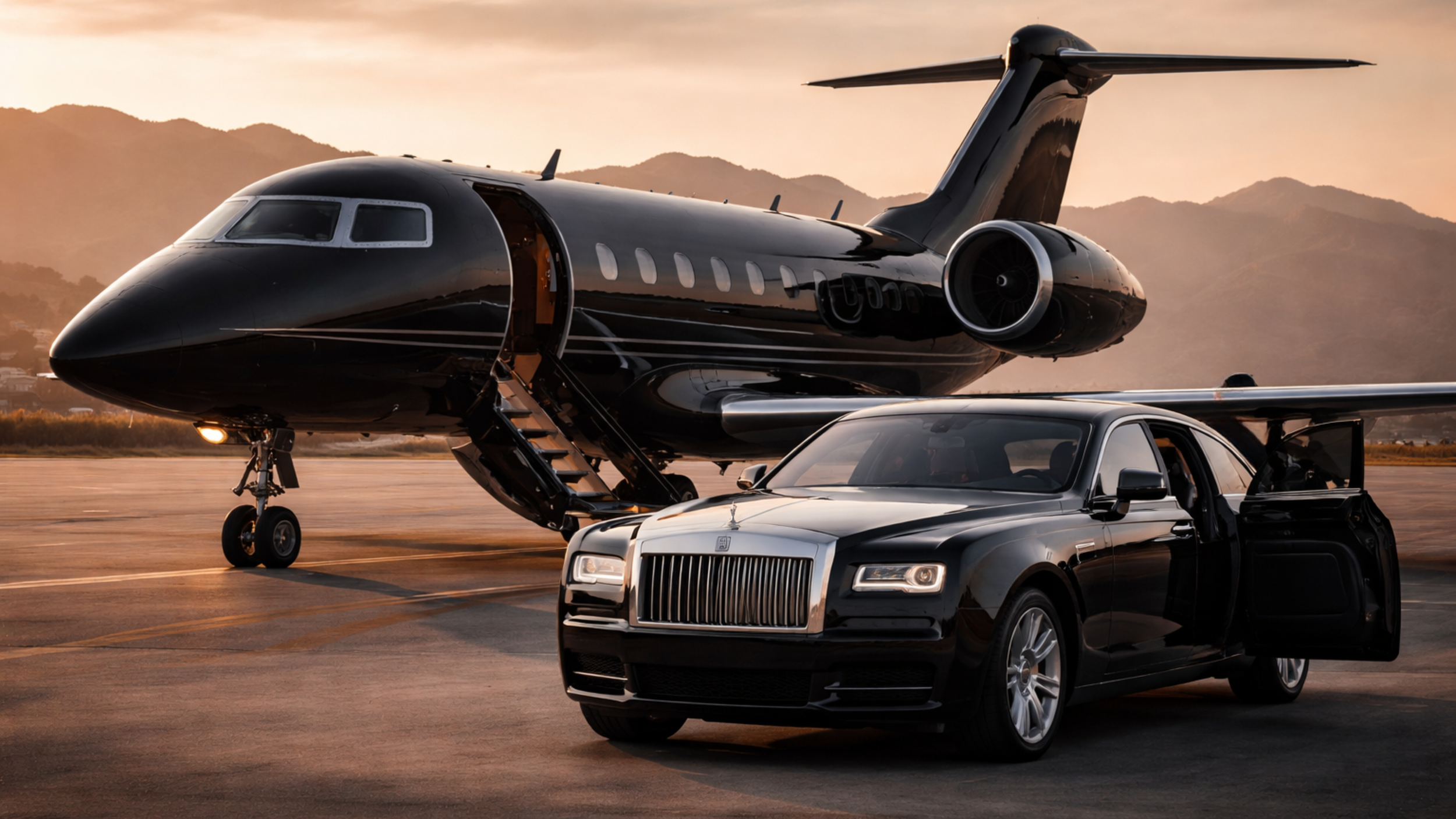 Une voiture noire de luxe garée devant un jet privé noir à l'aéroport au coucher du soleil.