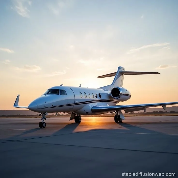 Jet privé blanc stationné sur une piste d’aéroport au coucher du soleil