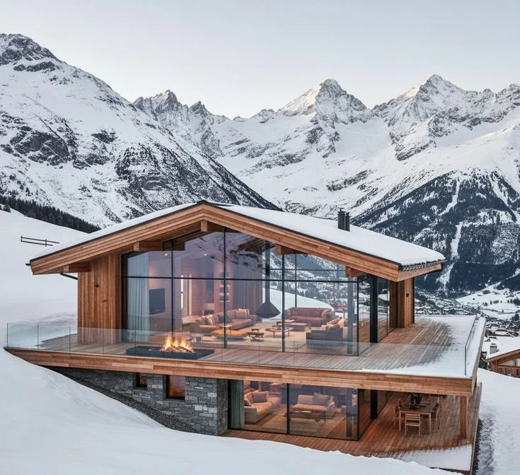 Maison en bois moderne avec grande baie vitrée, situé dans un paysage enneigé avec des montagnes.