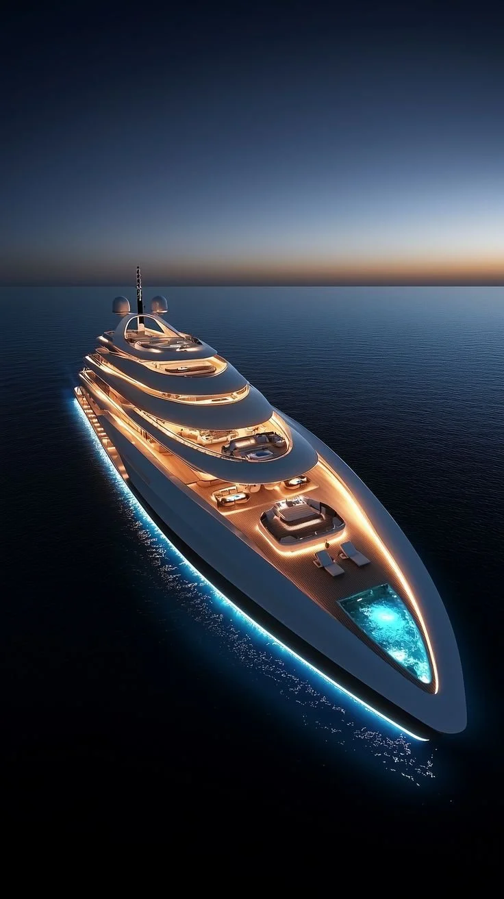 Un yacht de luxe naviguant dans l'océan au crépuscule, avec un éclairage sophistiqué et modernes installations sur le pont.