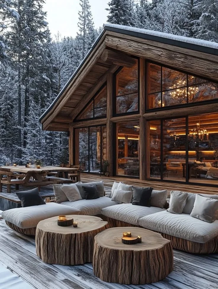Une cabane en bois dans une forêt enneigée, avec un grand salon extérieur confortable, des coussins, des bougies, et une grande fenêtre donnant sur l'intérieur chaleureux.
