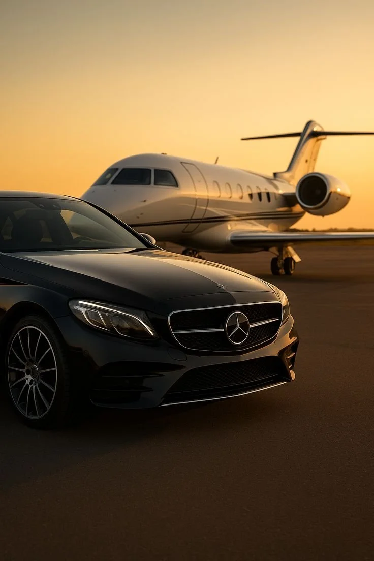 Une voiture noire Mercedes-Benz et un jet privé en arrière-plan au coucher du soleil.