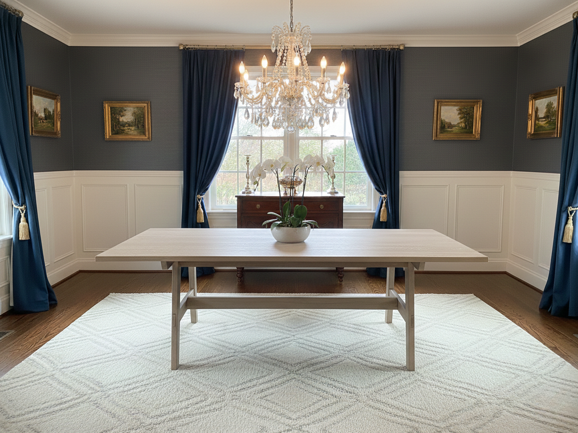 A formal dining room with blue curtains, chandelier, white wainscoting, a wooden sideboard, a white rug, and a central table with a potted plant.