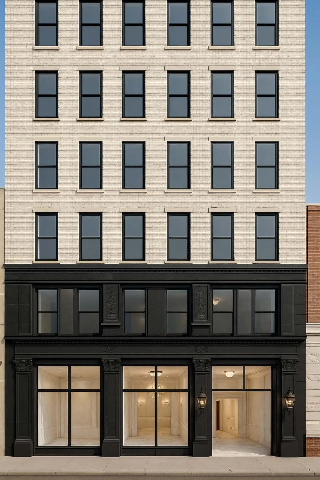 A multi-story building with a beige brick facade on the upper floors and a black storefront on the ground level, featuring large glass windows and doors, flanked by decorative lantern-style lights.