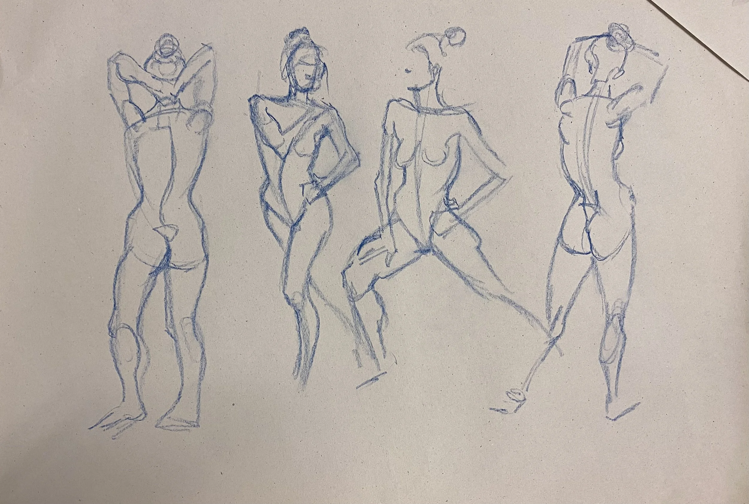Four quick sketches of female figures in various poses, drawn with blue pencil on paper.