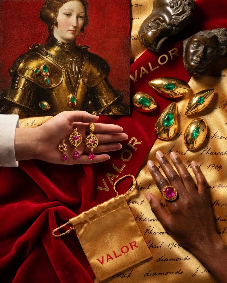 An arrangement of gold jewelry, including rings, earrings, and brooches, with large emerald and pink stones. A portrait of a woman in armor is also present, along with handwritten notes, a red VALOR cloth, and a gold VALOR drawstring bag.