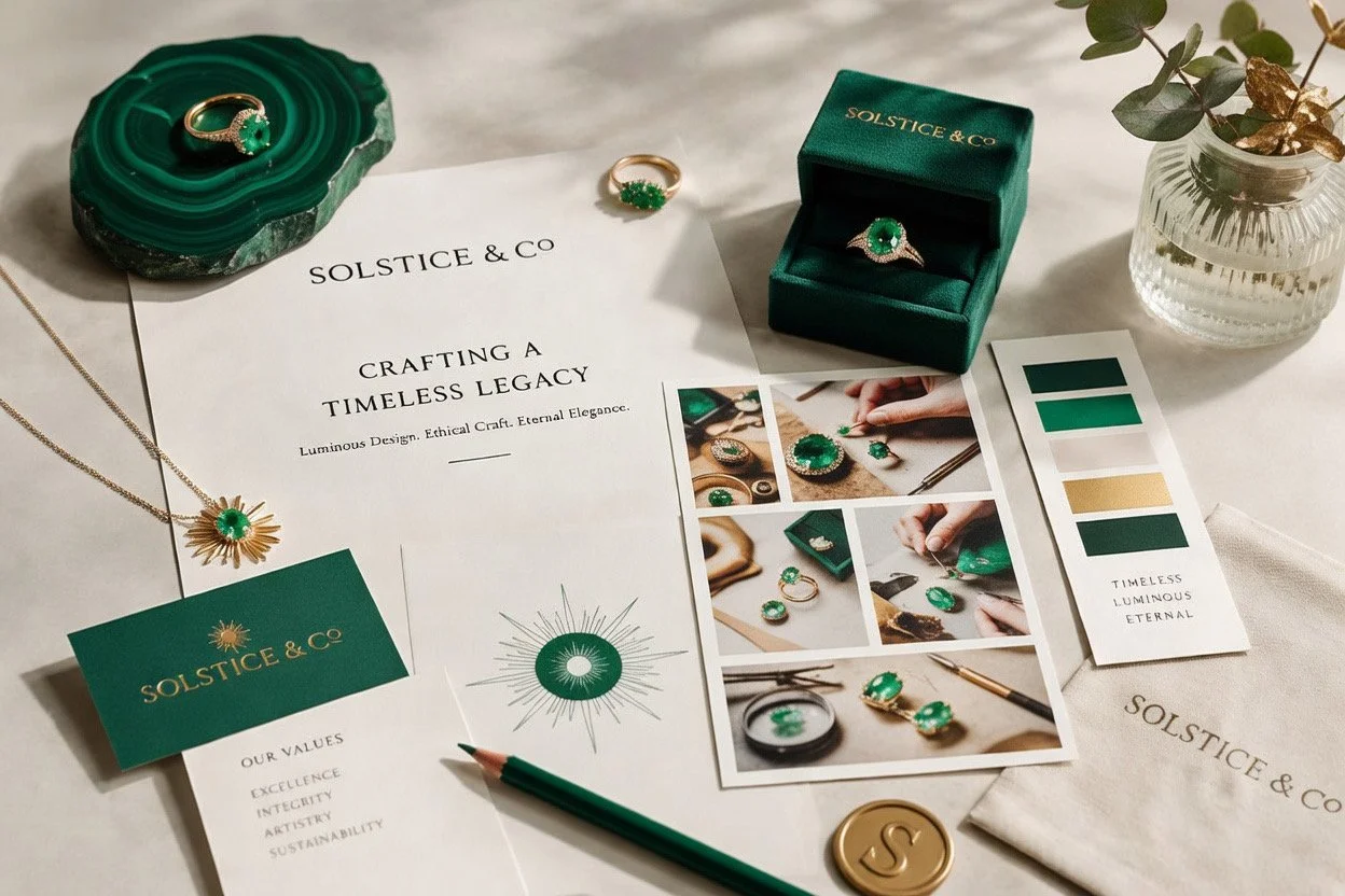 Jewelry display with green gemstone ring in green velvet box, matching green gemstone ring, necklace, and earrings with green gemstones, surrounded by branding materials and a white paper with the title 'Crafting a Timeless Legacy' from Solstice & Co, and a color palette strip.