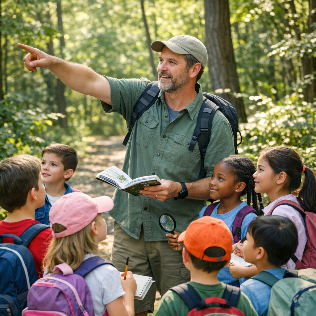 An outdoor scene with a teacher leading a group of young children on a nature walk in a forest. The man is holding a book and pointing, while the children are listening and some are taking notes or holding magnifying glasses.