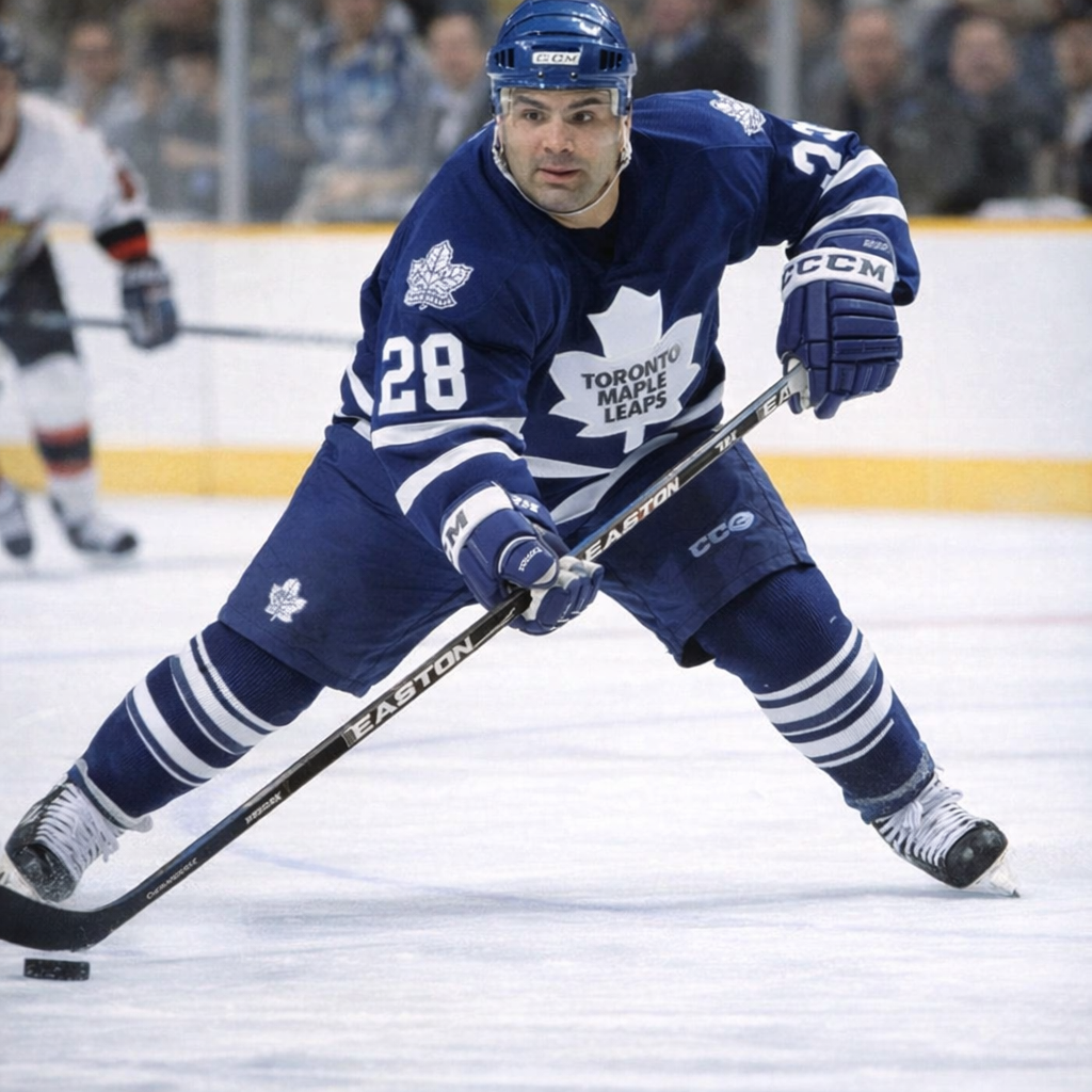 A hockey player in a blue Toronto Maple Leafs uniform with the number 28, skating and controlling the puck on the ice during a game.