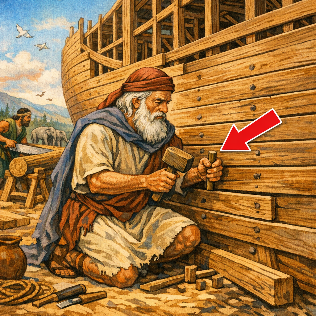 An illustration of Noah, an older man with a white beard, wearing a headscarf and medieval clothing, nailing wooden planks to a large wooden ship under construction. In the background, another man is sawing wood, with mountains and birds in the sky.