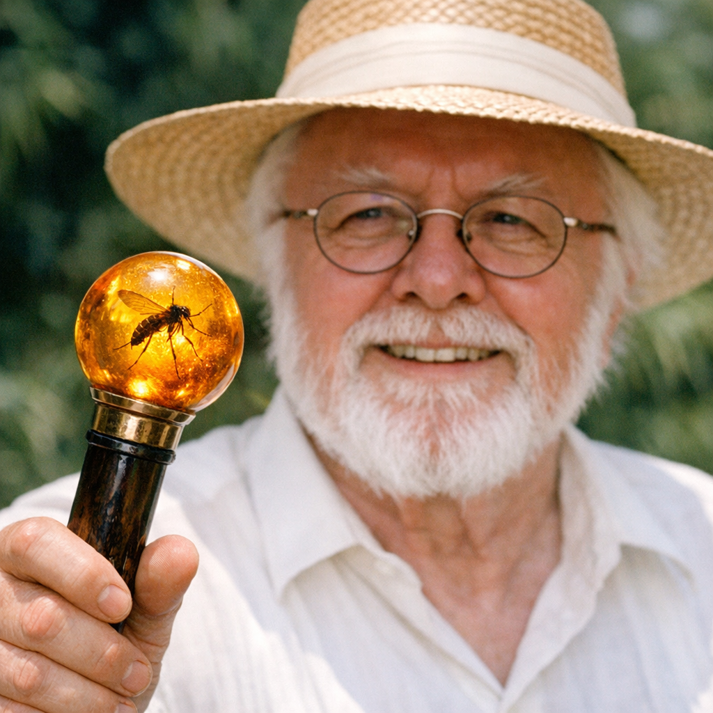 An elderly man with white hair and beard, wearing glasses and a straw hat, holds a magnifying glass with a miniature scene of a mosquito encased in ember inside, set against a blurred outdoor background.