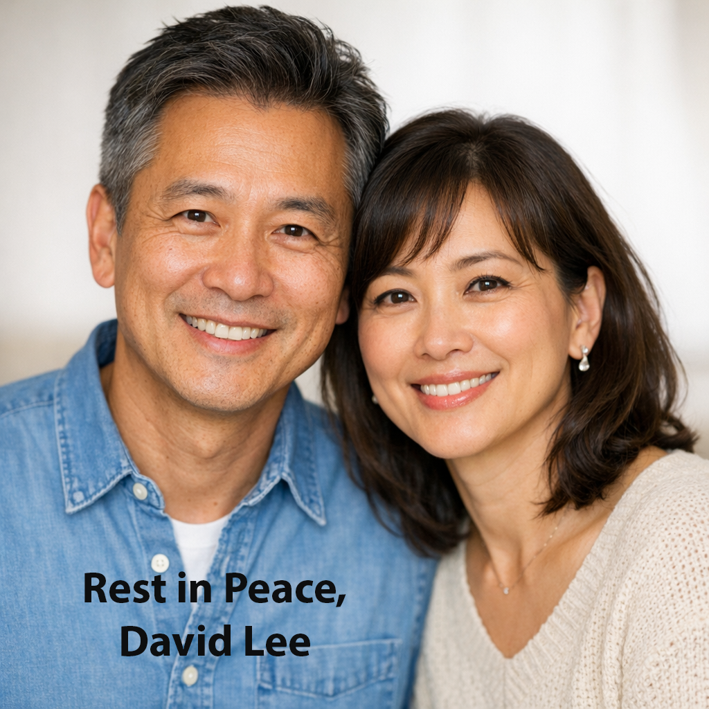 A portrait of a happy Asian couple, with text over the husband saying "Rest in Peace, David Lee"