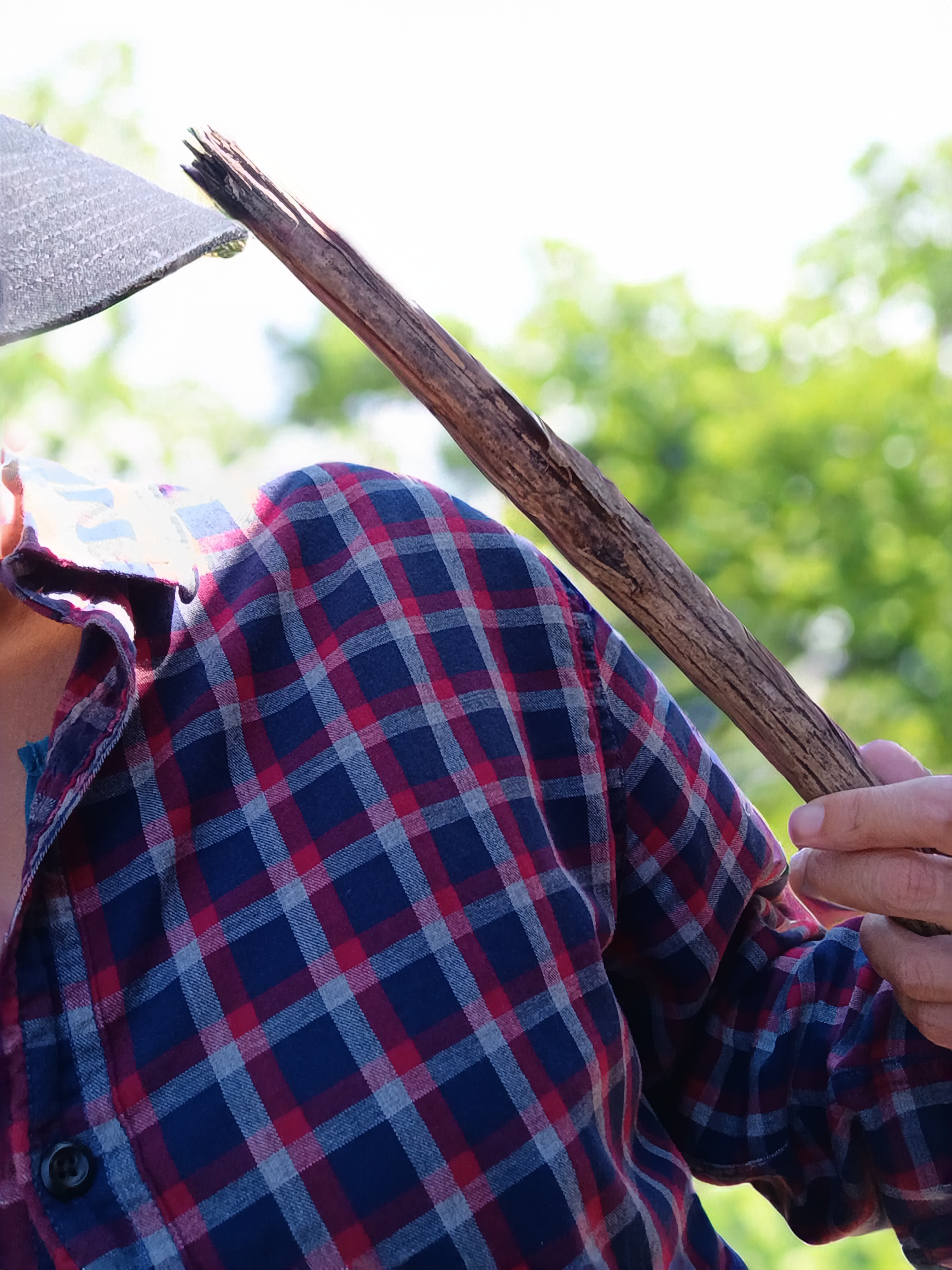 Person wearing a red and blue plaid shirt carrying a walking stick over their shoulder outdoors with green trees in the background.