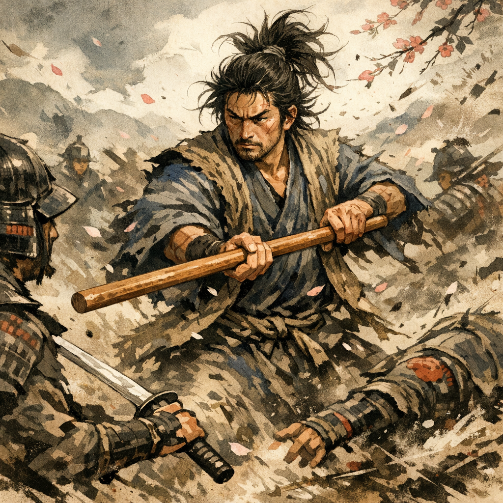 An illustration of a fierce samurai in a battle scene, wielding a wooden staff against soldiers with swords, amid falling cherry blossoms and a cloudy sky.