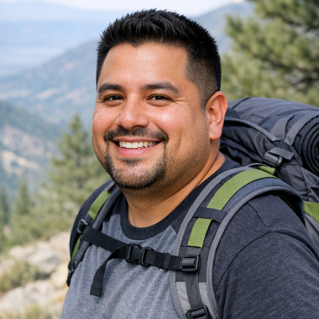 A smiling man with short dark hair and a beard outdoors, wearing a gray and black shirt and carrying a large backpack with green and gray straps, in a mountainous area with trees and blue sky in the background.