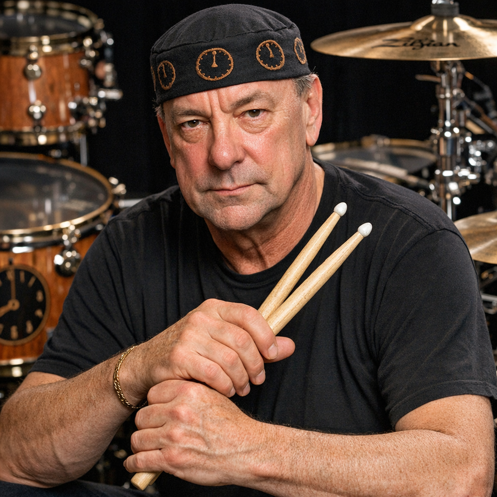 A man sitting in front of a drum set, holding a pair of drumsticks, wearing a black beanie with clocks printed on it, and a black t-shirt.