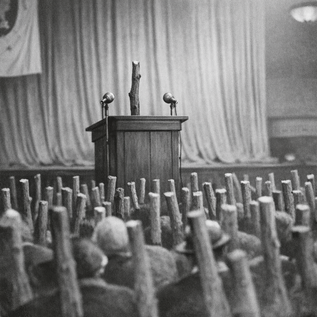 A black and white photograph of a speaker's podium on a stage, with a tall, thin, leafless branch standing upright on it, surrounded by microphones. The stage has a backdrop of curtains, and an audience of sticks in the foreground.