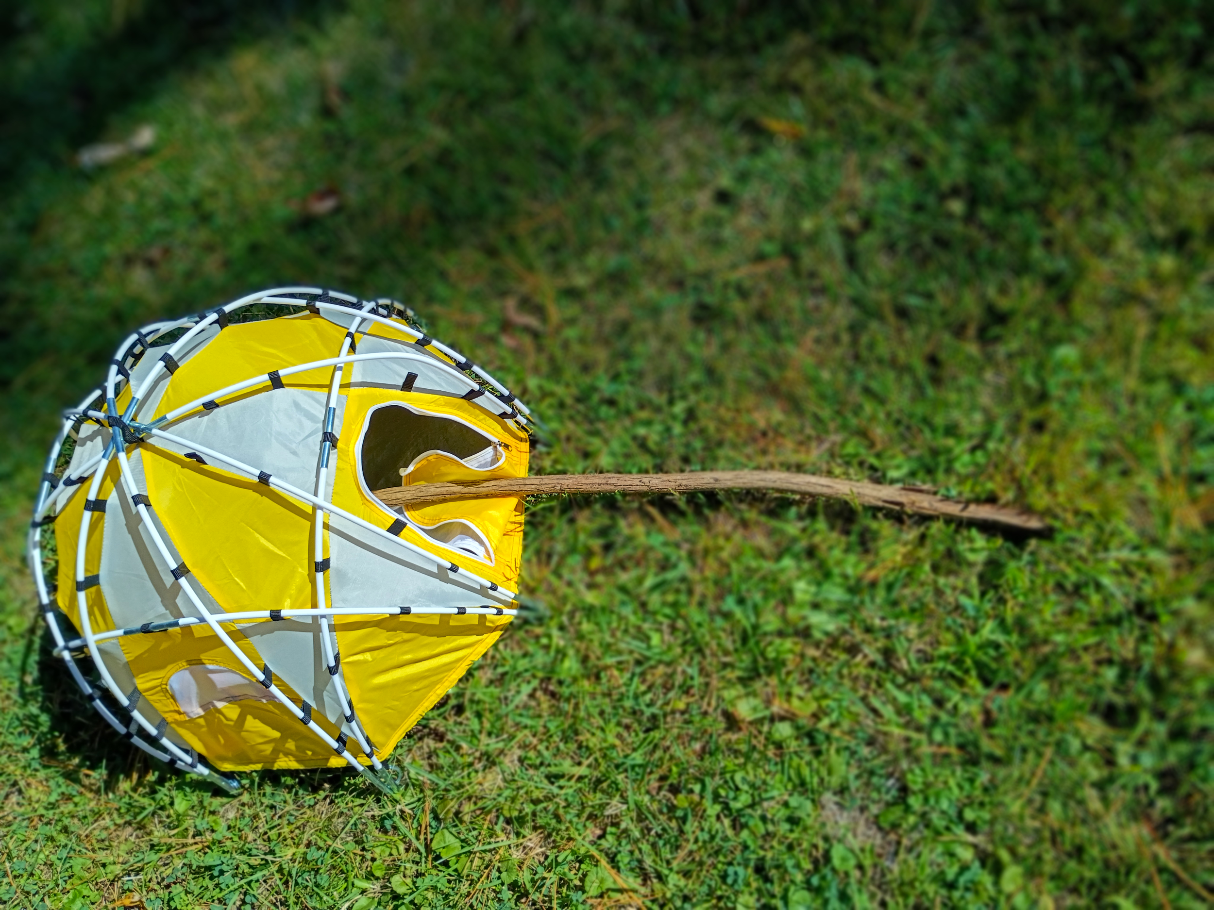 Yellow and white camping tent with a brown wooden stick on green grass.