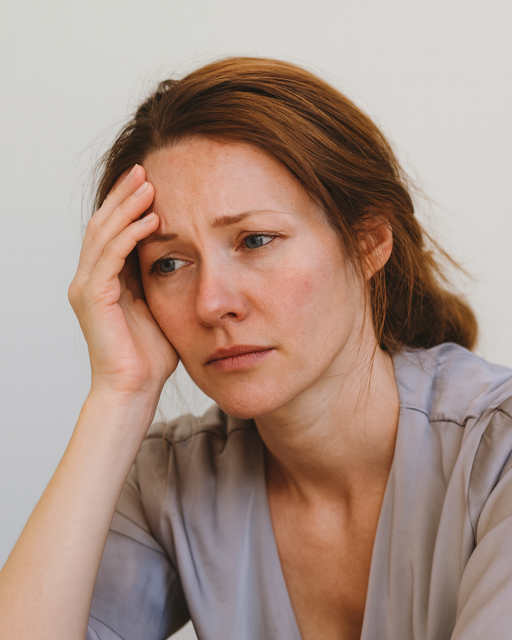 A woman with red hair holding her forehead, looking worried or stressed.