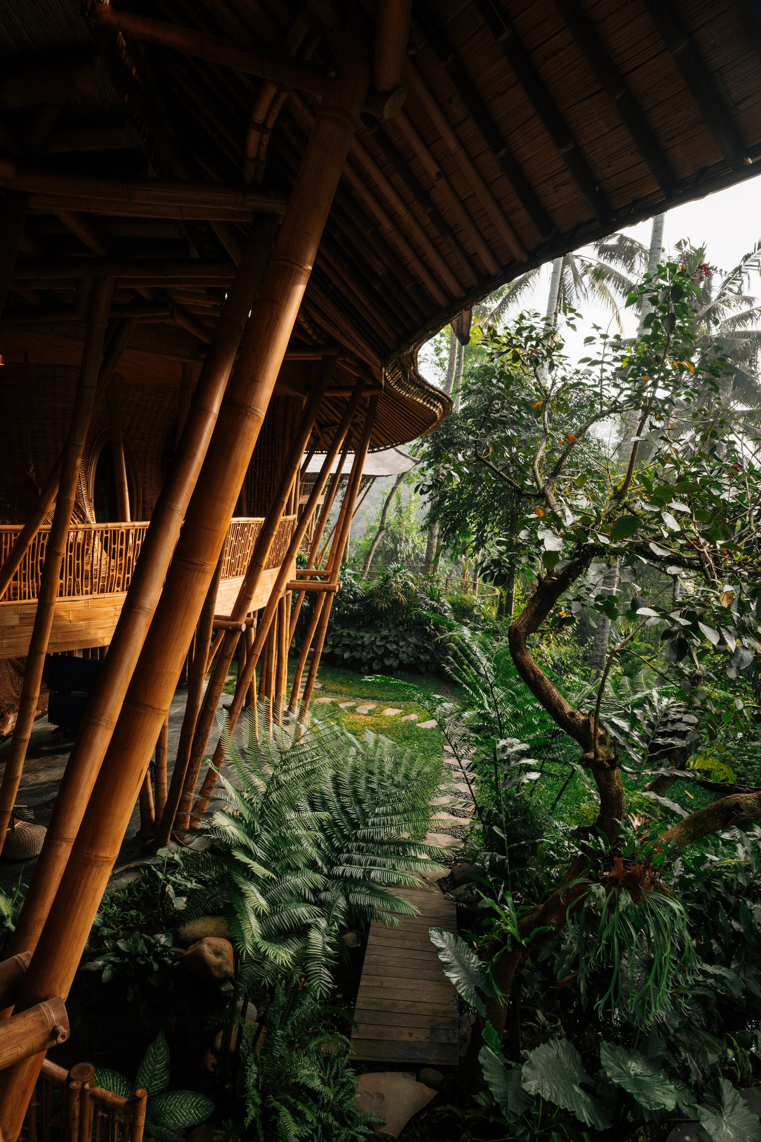 Woven bamboo structure of Villa Kelapa, Green Village, Bali. Organic architecture integrated into the tropical canopy. Architecture & luxury villa shoot. The sensitive light