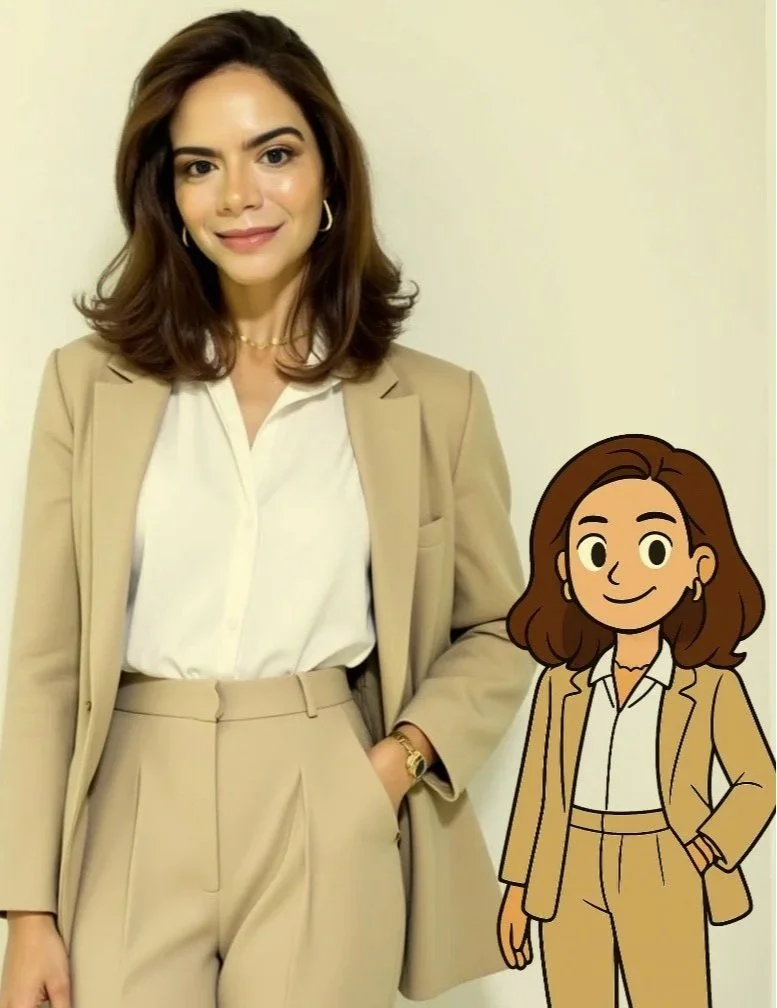 Photograph of a woman in a beige suit with a white blouse, standing with a relaxed pose, alongside a cartoon illustration of her in a similar outfit.