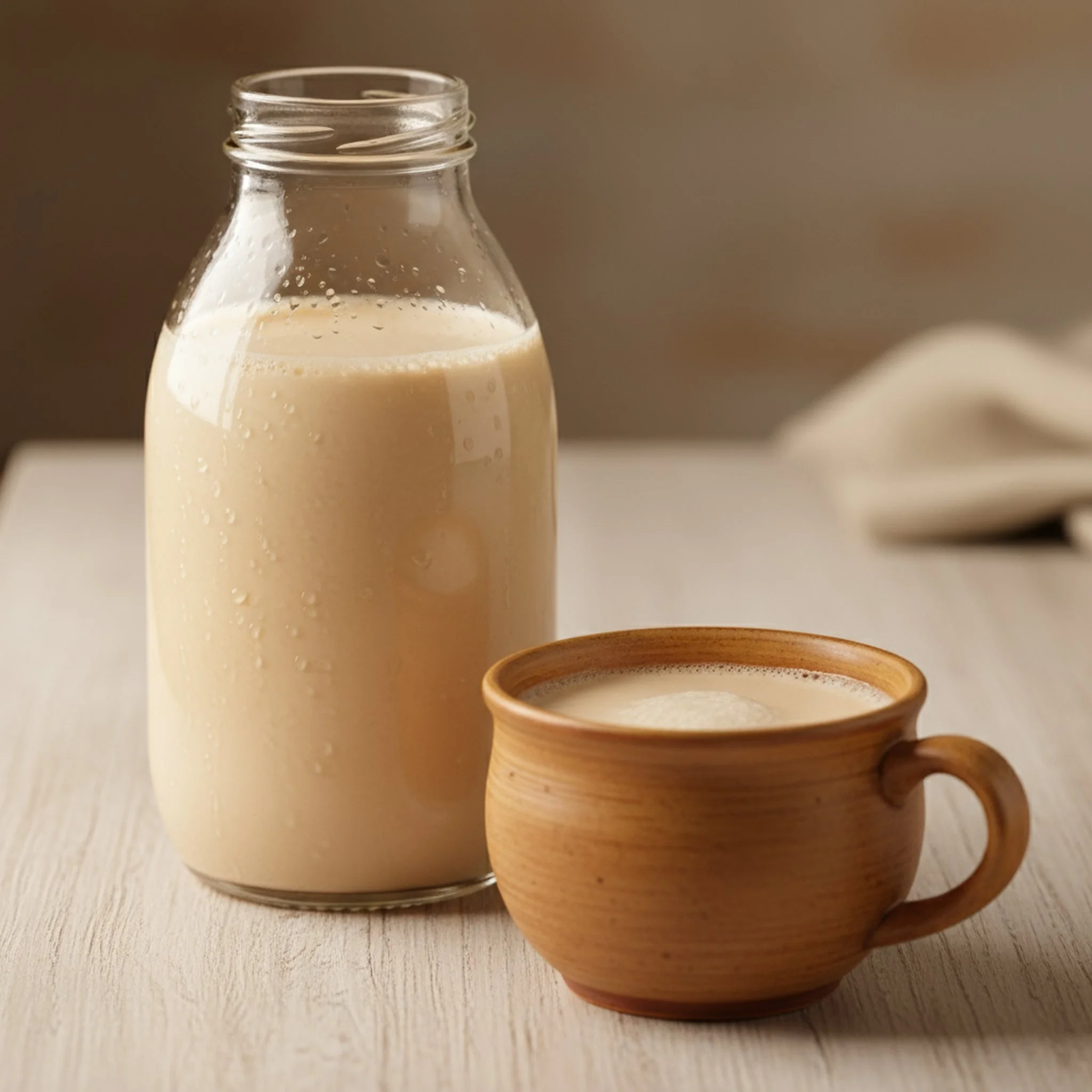 A glass bottle filled with a creamy, beige-colored beverage, standing on a light wood surface. Next to it is a wooden cup of the same drink. Both drinks are slightly frothy.Equipment for the production of fermented baked milk in the USA