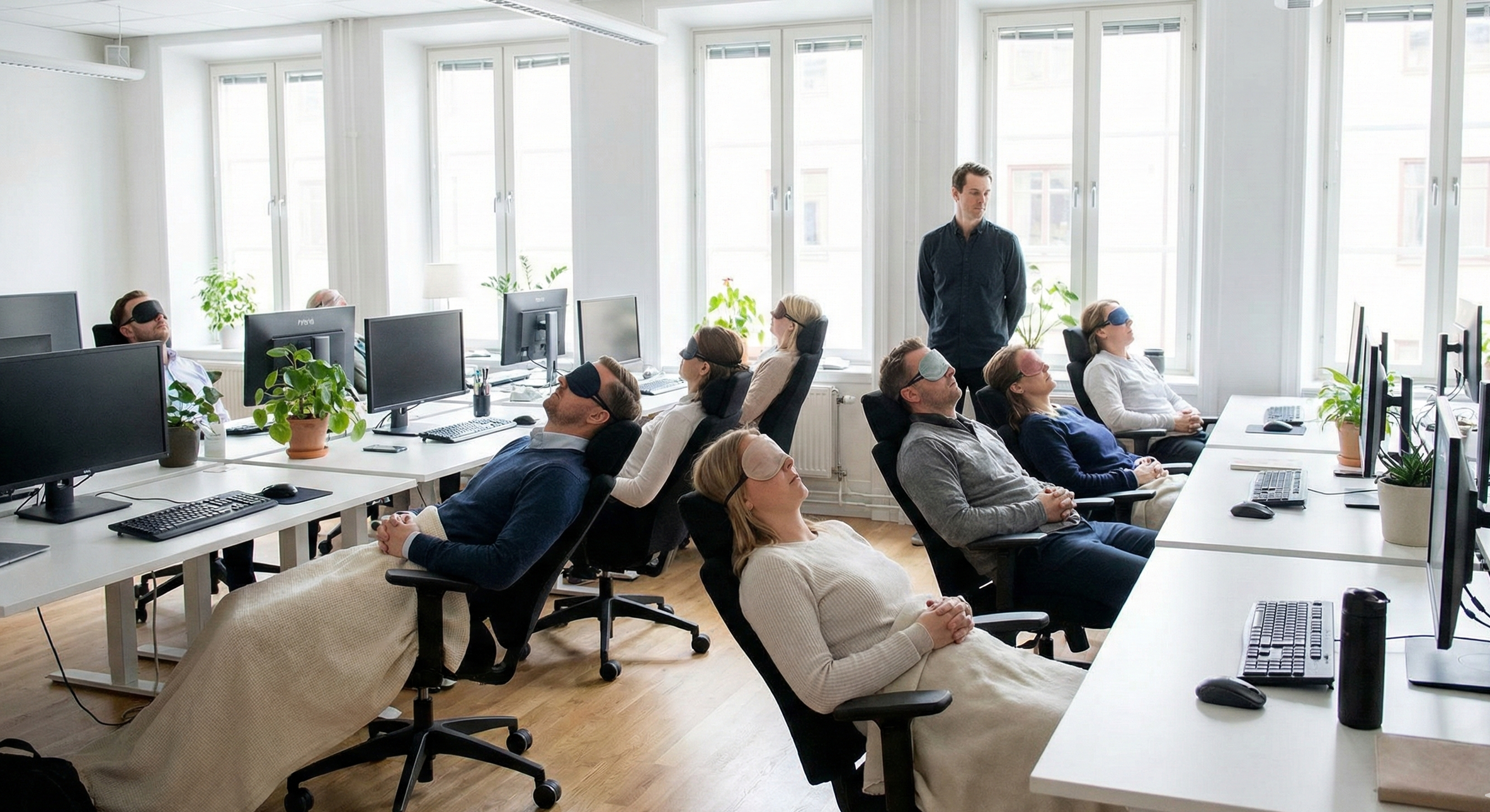 Människor i ett kontor, alla bär blindfolds och sitter i rullstolar avsedda för kontorsstolar, medan en man står och övervakar.