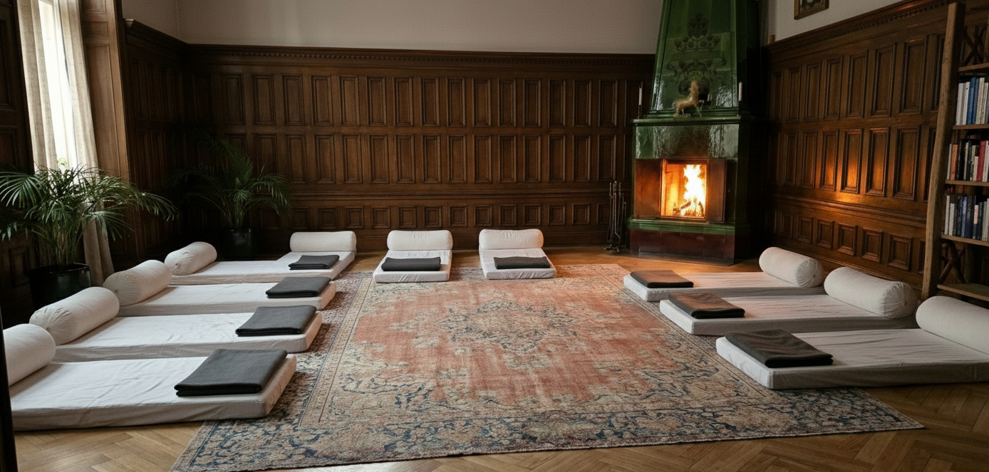 Sju madrasser med kuddar och filtar placerade på golvet runt en matta i ett rum med träpaneler och en öppen spis med eld, växter i hörnen och en bokhylla till höger.