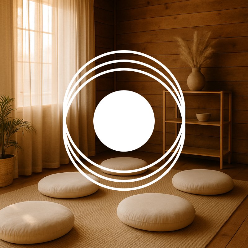 Ett minimalistiskt rum med fyra runda, vita sittkuddar på en matta, ett sidobord med en vas och växt, och en stor fönster med ljusa gardiner.