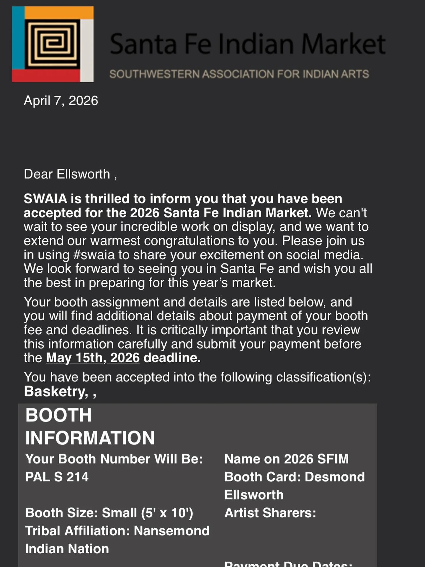 Got into Santa Fe Indian Market my first time applying.

This one means a lot. The level of artists, the history, the prestige behind this market&hellip; to be included on my first try is something I don&rsquo;t take lightly.

Coming from Nansemond a