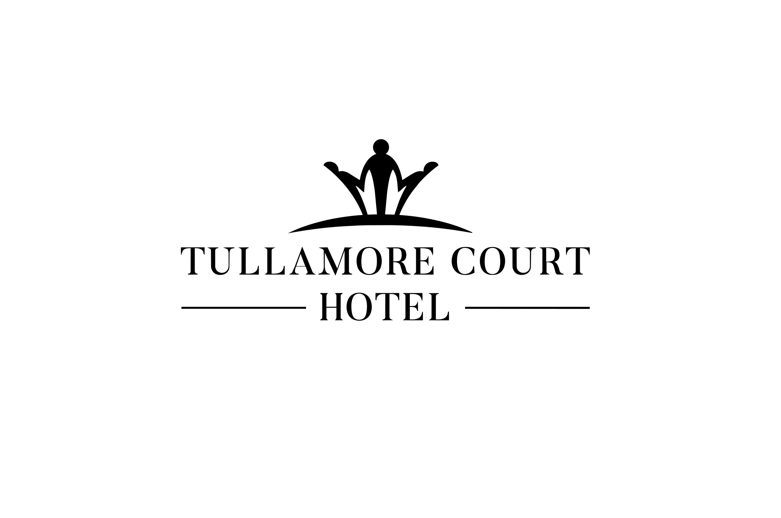 Black and white logo for Tullamore Court Hotel, featuring a stylised fountain above the hotel name.